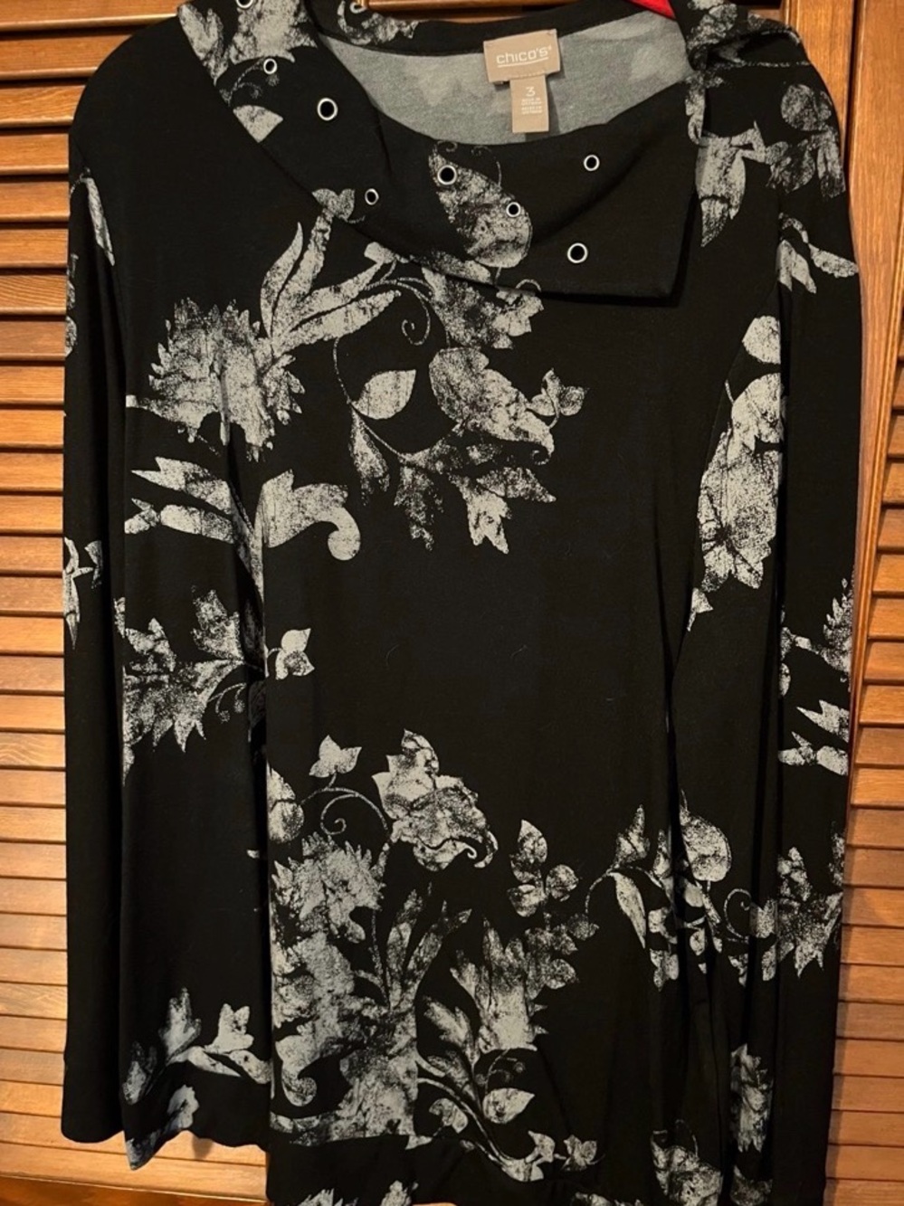 Chico's Black and Gray Floral Grommet Neck Blouse